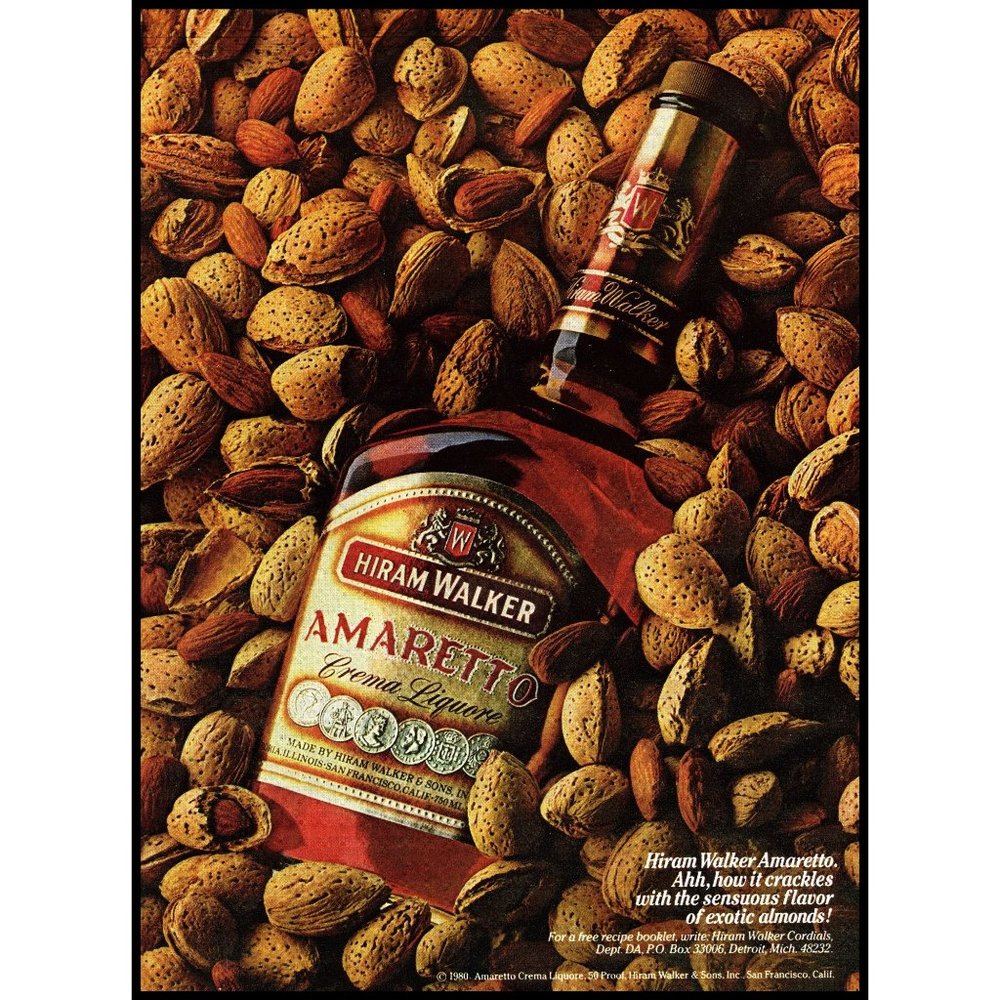 1981 Hiram Walker Amaretto Liquore Vintage Print Ad Cracked Almonds Wall Art